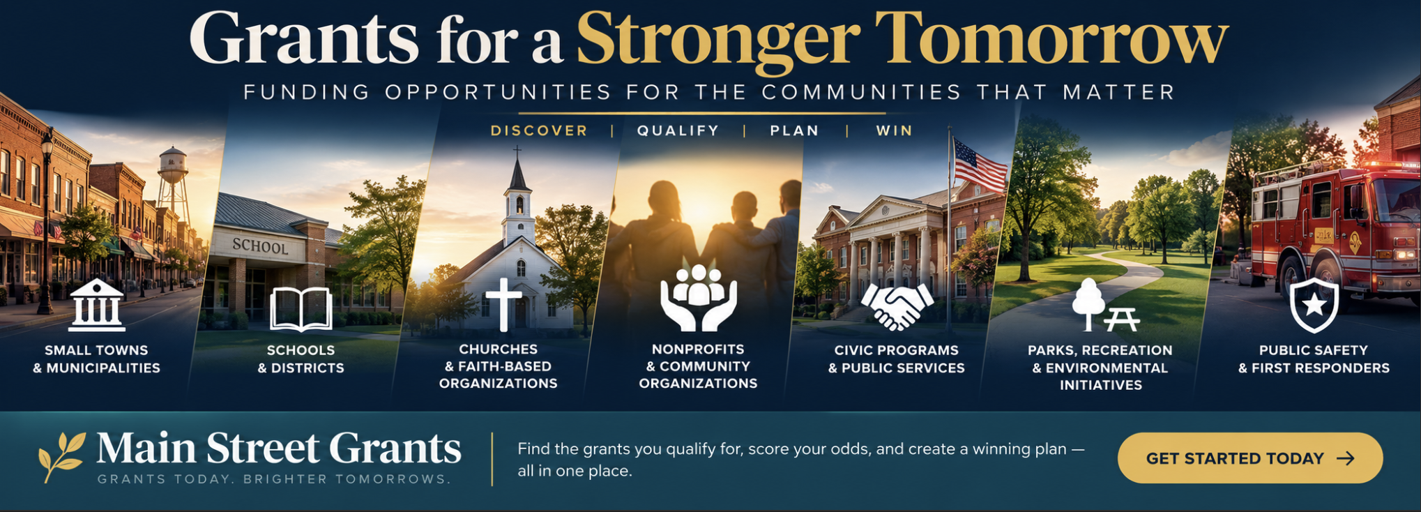 Main Street Grants helps small towns, schools, churches, nonprofits, civic programs, parks, and public safety organizations discover funding opportunities. Get started today.